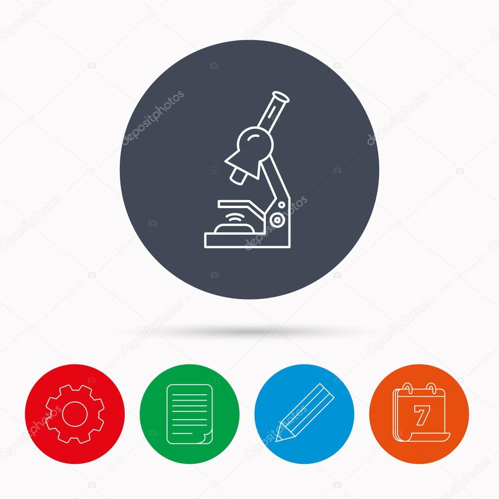 Microscope icon. Medical laboratory equipment sign. Pathology or scientific symbol. Calendar, cogwheel, document file and pencil icons.
