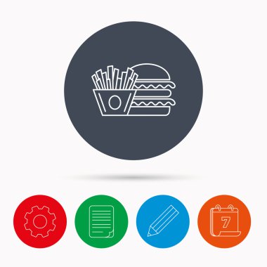 Hamburger ve patates kızartması simgesi. Cips, sandviç işareti.