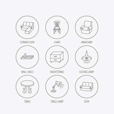 Köşe kanepe, masa ve koltuk simgeler.