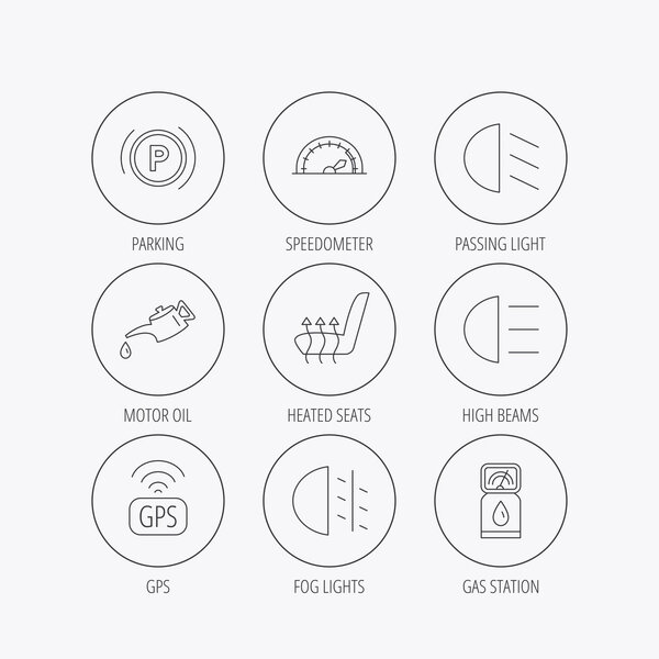 Motor oil, passing fog lights and gps icons.