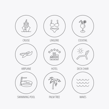 Cruise, dalgalar ve kokteyl simgeler. Otel işareti.