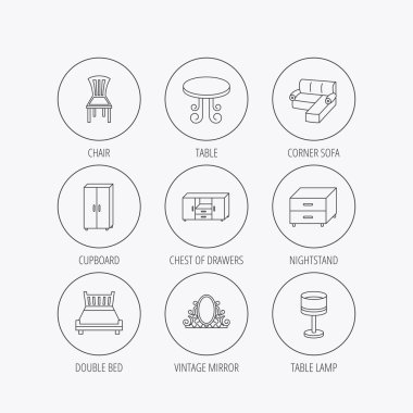 Köşe kanepe, masa ve dolap simgeler.