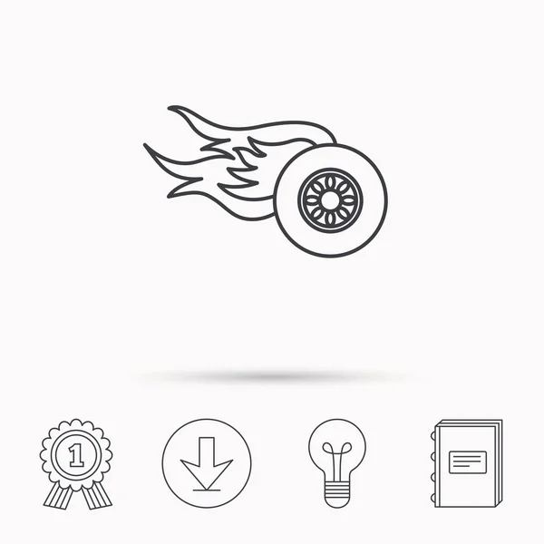 Roue sur l'icône du feu. Signe de course ou vitesse . — Image vectorielle