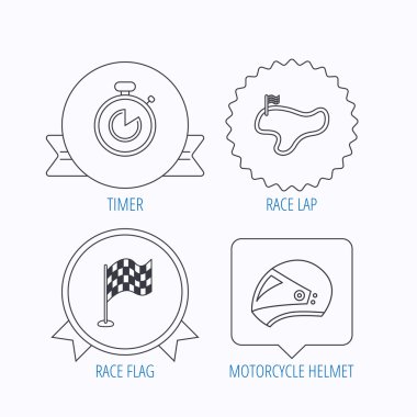 Yarış bayrak, zamanlayıcı ve motosiklet kask simgeleri.