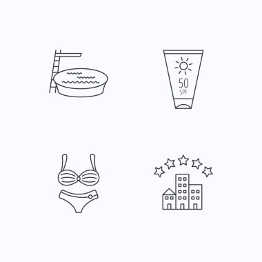 Otel, Yüzme Havuzu ve güneş kremi simgeler.