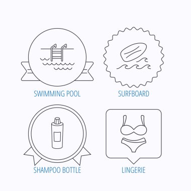 Sörf tahtası, Yüzme Havuzu ve iç çamaşırı simgeler.