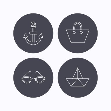 Kağıt tekne, çapa ve gözlük simgeleri.