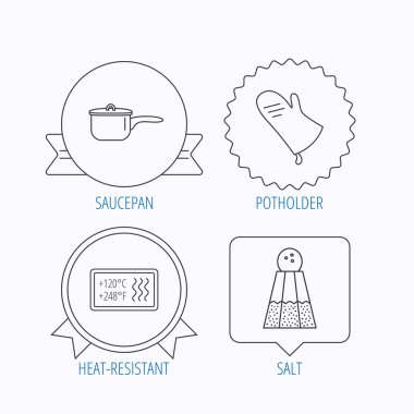 Tencere, potholder ve tuz simgeler.