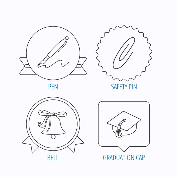 Graduation cap, pen and bell icons. — Stock Vector