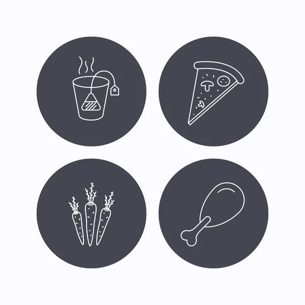 Kycklinglår, pizza och mjuk tepåse ikoner. — Stock vektor