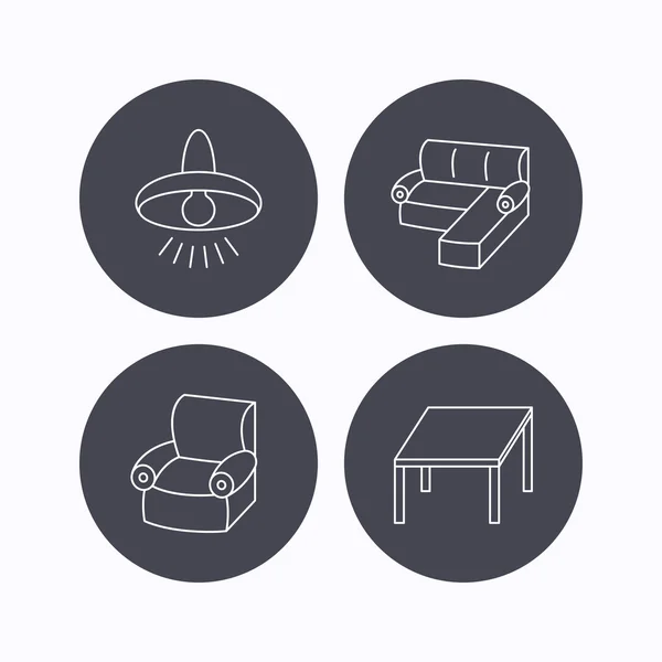 Sofá de esquina, mesa y sillón iconos . — Vector de stock