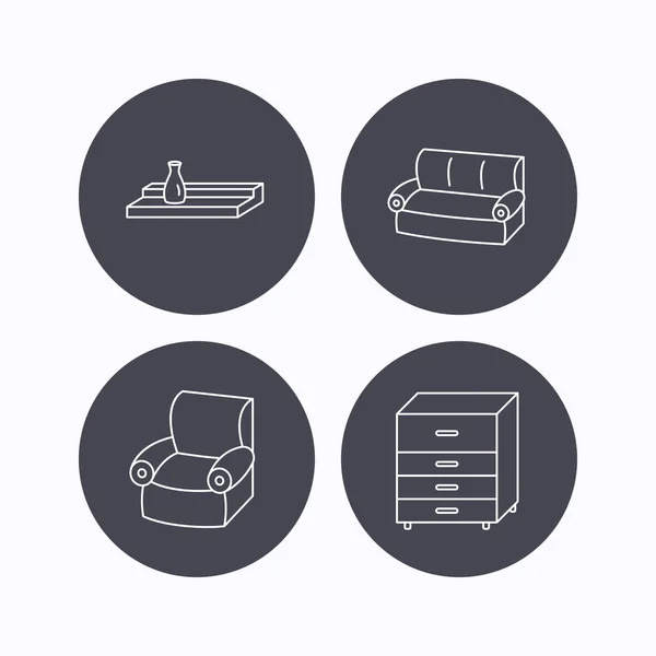 Sofa, wall shelf and armchair icons. — Stock Vector