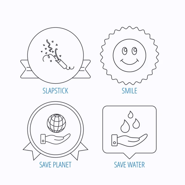 Ahorre agua, salvar el planeta y slapstick iconos . — Vector de stock