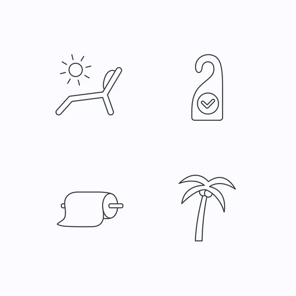 Palm boom, papier handdoek en strand ligstoel pictogrammen. — Stockvector