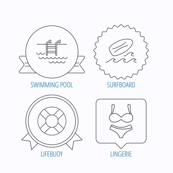 Iconos de tabla de surf, piscina y bikini . — Vector de stock