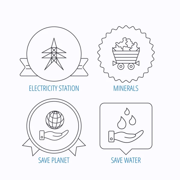 Risparmiare acqua, pianeta e le icone della stazione elettrica. Minerali . — Vettoriale Stock