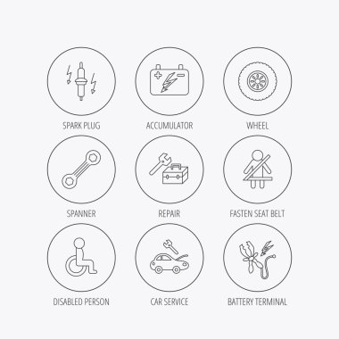 Akümülatör, spanner aracı ve araba servisi simgeleri.