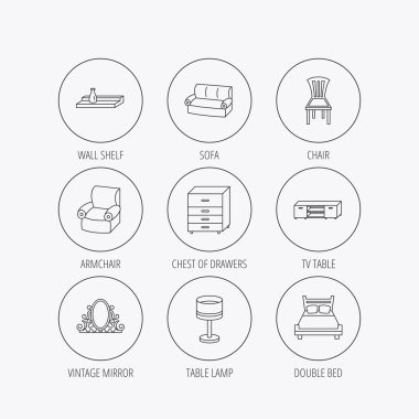 Çift Kişilik Yatak, Masa lambası ve koltuk simgeler.