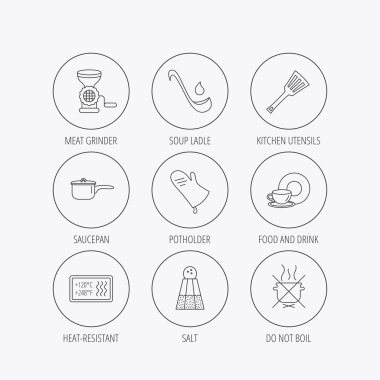 Çorba Kepçe, potholder ve mutfak mutfak eşyaları simgesi.