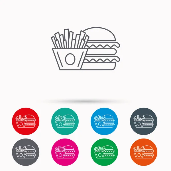 Icono de hamburguesa y patatas fritas. Chips, signo de bocadillo . — Archivo Imágenes Vectoriales