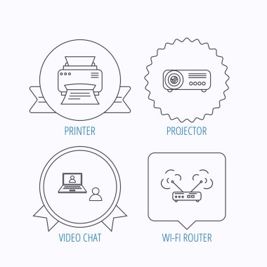 Projektör, yazıcı ve wi-fi yönlendirici simgeler.
