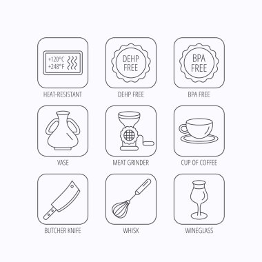 Kahve fincanı, kasap bıçağı ve bardağı simgeler.