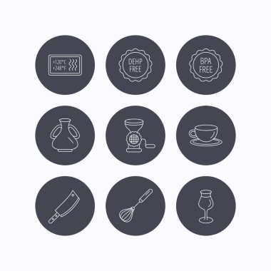 Kahve fincanı, kasap bıçağı ve bardağı simgeler.