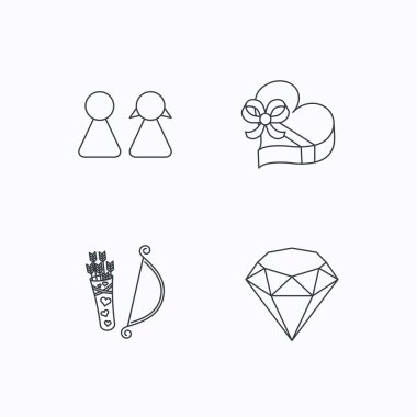 Çift, parlak ve nişan hediye kutusu simgeleri.