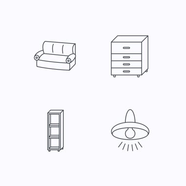 Kanepe, tavan lambası ve raf simgeler.