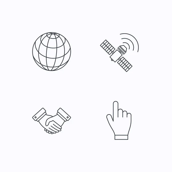Apretón de manos, globo terráqueo y GPS iconos de satélite . — Vector de stock