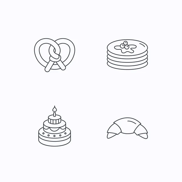 Croissant, kringla och pannkakor ikoner. — Stock vektor