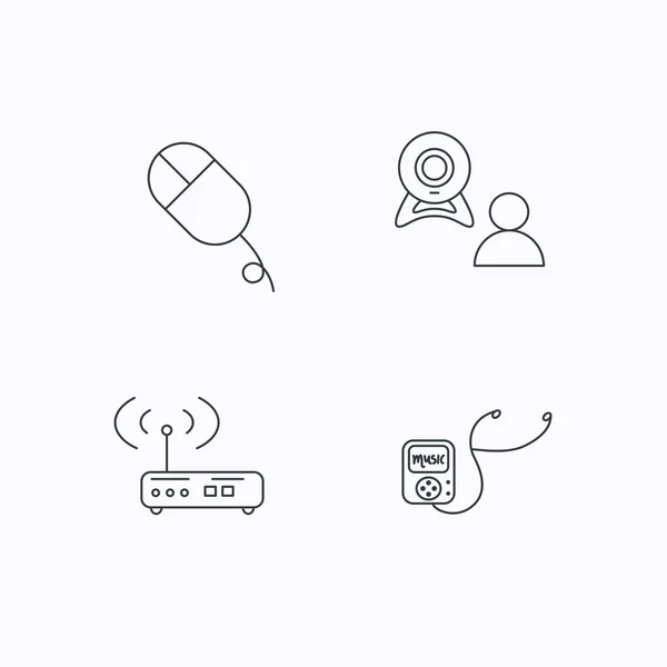 WLAN-Router, Video-Chat und Musik-Player-Symbole. — Stockvektor