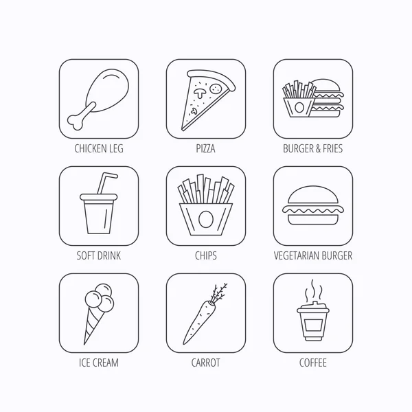Vegetarian burger, pizza and soft drink icons. — Stock Vector