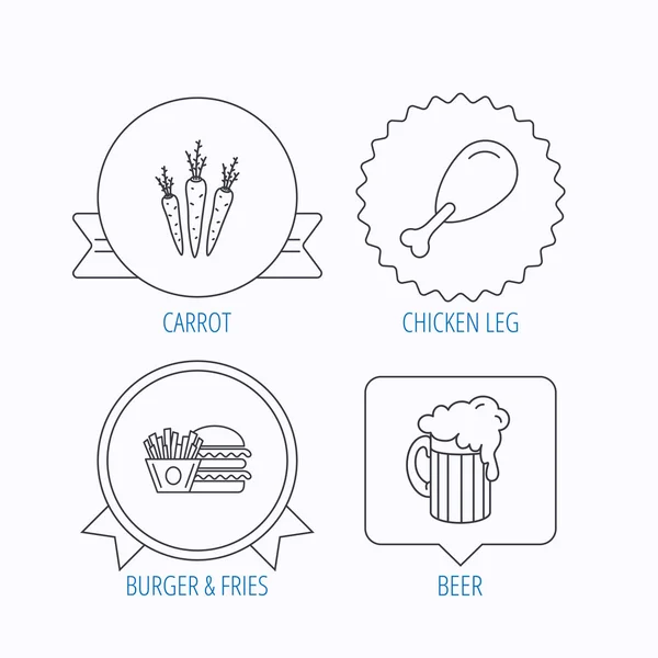Hamburguesa, cerveza y pollo iconos pierna . — Vector de stock