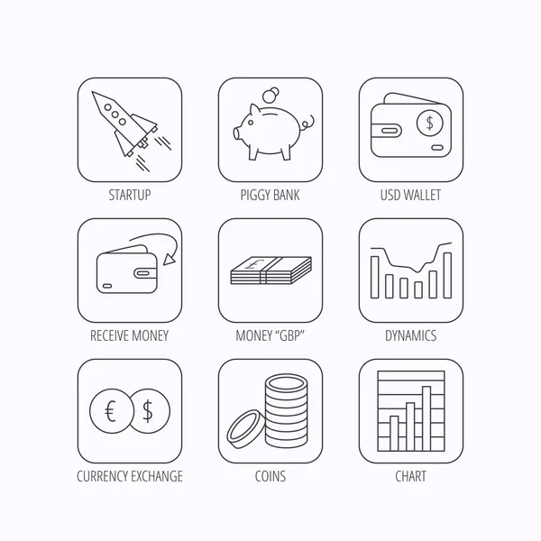 Hucha, dinero en efectivo e iconos de cohetes de arranque . — Vector de stock