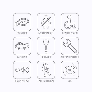 Araba ayna tamir, yağ değişim ve anahtarı simgeler.