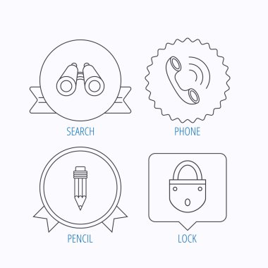 Telefon görüşmesi, kalem ve arama simgeleri.