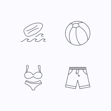 Sörf tahtası, plaj topu ve gövdeleri simgeler.