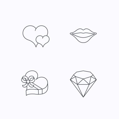 Kalp, parlak sevgi ve hediye kutusu simgeleri.