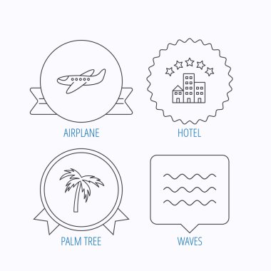 Uçak, dalgalar ve palmiye ağacı simgeleri.