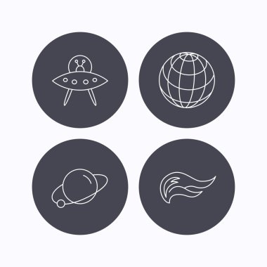 UFO, gezegen ve yangın alev simgeleri.