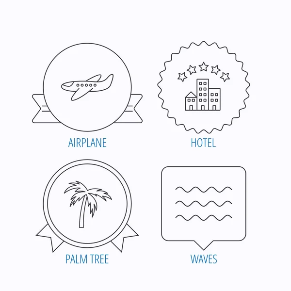 Flugzeug, Wellen und Palmen-Ikonen. — Stockvektor