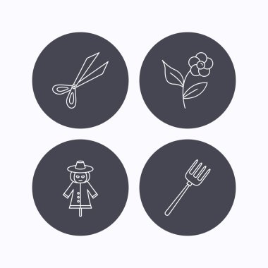 Makas, çiçek ve dirgen simgeleri.