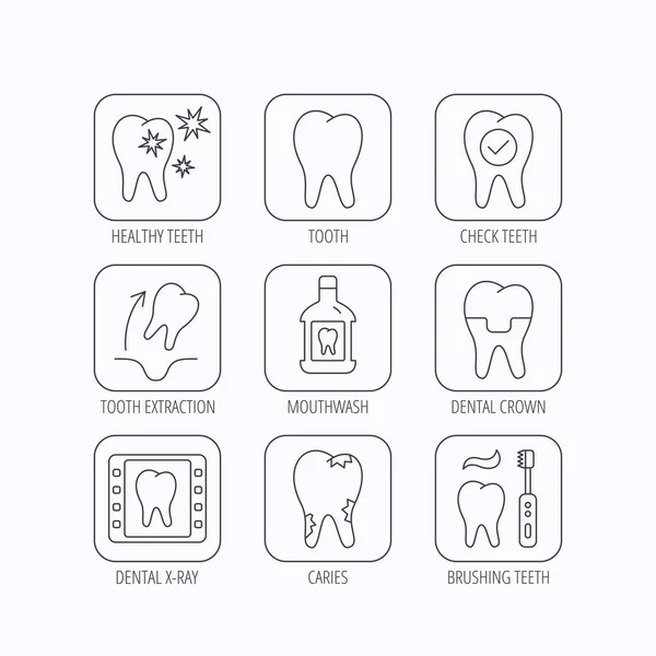 Icone dentali, corona dentaria e collutorio. Carie . — Vettoriale Stock
