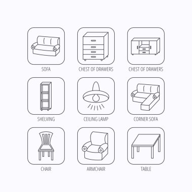 Köşe kanepe, masa ve koltuk simgeler.