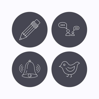 Diyalog, kalem ve kuş simgeler.