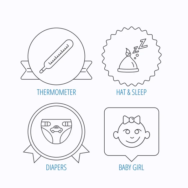 Termometer, blöjor och sömn hatt ikoner. — Stock vektor
