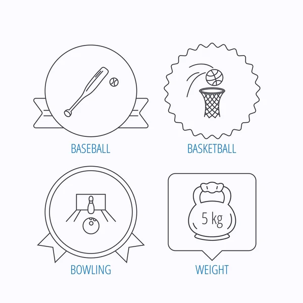 Iconos de béisbol, bolos y baloncesto . — Vector de stock