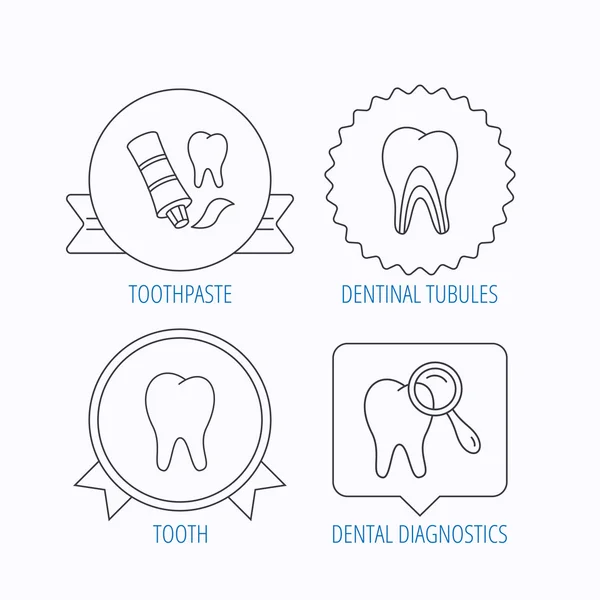 Tooth, dental diagnostics and toothpaste icons. — Stock Vector