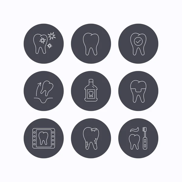 Diente, corona dental e iconos de enjuague bucal. Caries . — Vector de stock